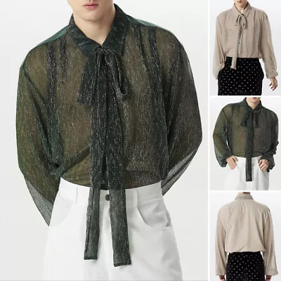 Mens Lace-up Tie Glitter Mesh Sheer Loose Tops Party Clubwear Shirt Blouse Plus • $24.69