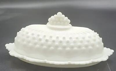 Vintage Fenton Hobnail Rare Milk Glass Butter Dish With Lid Scallop Crown Top • $30