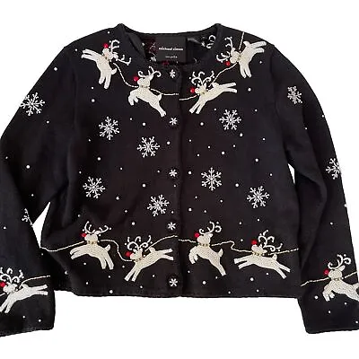 Michael Simon Cardigan Christmas Beaded Wearable Art Santa Claus Reindeer Medium • $131.17