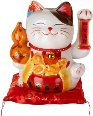 DFG10-LC Maneki Neko Beckoning Lucky Cat Figurine With Waving Arms And Red Pillo • $119.98