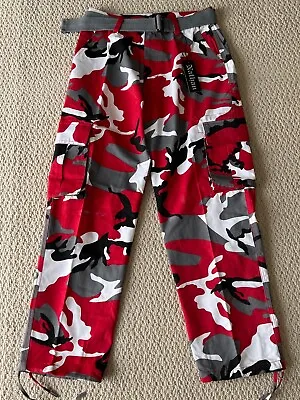 NWT Men's Nathan Red White Camouflage Camo Belted Cargo Pants ALL SIZES/LENGTHS • $23.99