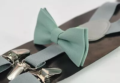 Sage Green Cotton Bow Tie + Grey Suspenders Braces For MEN / BOY KIDS / BABY • £8.03