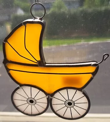 VINTAGE HANDMADE Stained Glass Classic NEW BABY BUGGY Carriage Yellow Suncatcher • £16.37