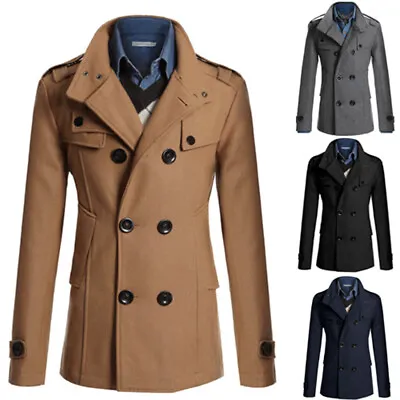 Men Winter Warm Pea Coat Jacket Double Breasted Dress Coat Jacket Outwear Gent • $60.37