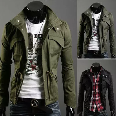 Mens Slim Fit Military Style Jacket Stand Collar Coat Hoody Overcoat New • $26.99