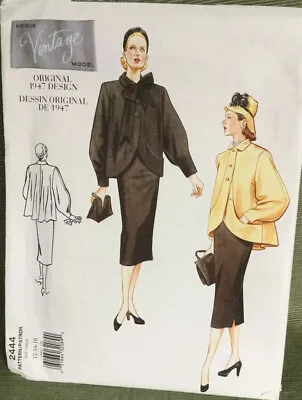 Vogue 2444- Original 1947 Design-Misses Coat & Skirt-Size 12-14-16 Uncut • $22.99