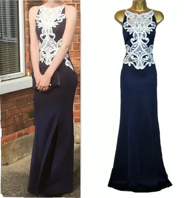 Lipsy Maxi Dress 12 Navy Cream Lace Side Slit Occasion Evening Wedding Prom • £34.99