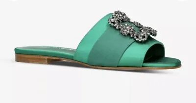 Manolo Blahnik Hangisi Green Slides Sandals Size 38.5 • $550