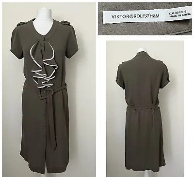 Viktor & Rolf X H&M UK 10 Taupe Green 100% Silk Ruffle Smart Tea Dress • $61.65