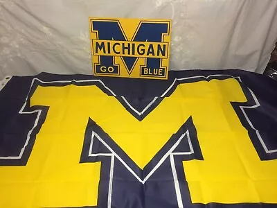 Lot Of 2 University Michigan Wolverines Go Blue Sign & Flag Banner  • $49.95