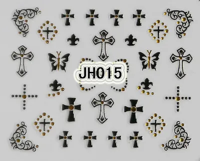 Halloween Black Crosses Gold Rhinestons 3D Nail Arts Stickers Decals Decorations • $2.79