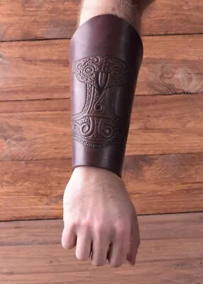 One Medieval Bracer Leather Wristband Embossed Thor's Hammer. Brown Reenactment • £12.99