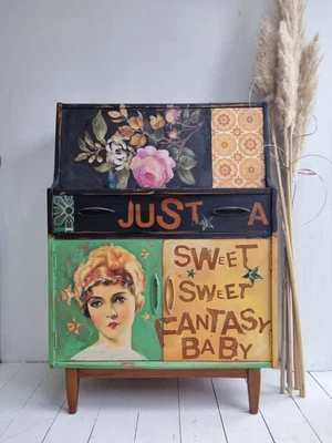 £400 • Buy PAINTED BUREAU Desk Cabinet Sideboard FUNKY Retro Vintage Black Green Floral