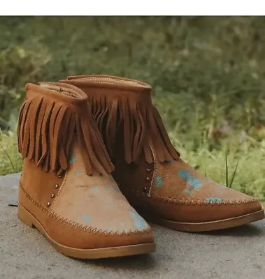 Montana West 9 Brown Blue Fringe Cowhide Booties • $28.95