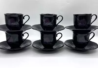 Set Of 6 Mikasa Rondo Tango 7-5/8  Lavender Floral Black Coupe Soup Bowls EJ702 • $24.95