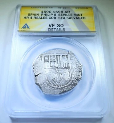 $489.95 • Buy ANACS 1500's Shipwreck Spanish Silver 4 Reales Colonial Pirate Treasure Cob Coin