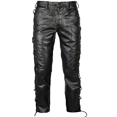 Mens Real Leather Bikers Pants Side And Front Laces Up Bikers Pants Trousers • $124.99
