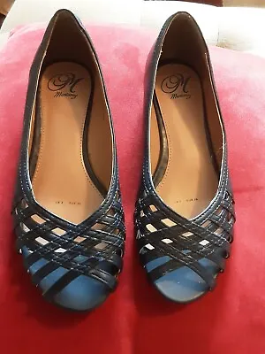 Womens Mantaray Slip On Flats Peep Toe Shoes Navy Leather Size 3 Vgc • £8