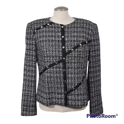 Vintage Black White Plaid Boucle Jacket Womens Size 14 Studded Snaps Career Work • $8.98