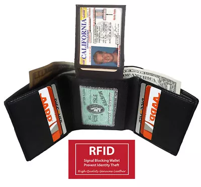 Black RFID Blocking Men's Leather Trifold Wallet 2 ID Card Holder • $13.70