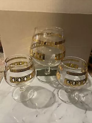 Vintage Culver Antigua Gold Gilded Cocktail Pitcher & Brandy Snifter Glasses • $104.99