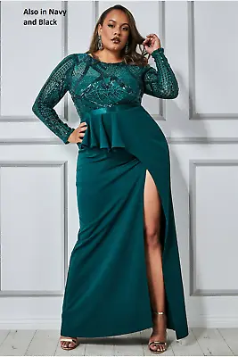 £69.99 • Buy Goddiva Sequin Bodice Front Frill Long Sleeve Maxi Evening Dress Party Ball Prom