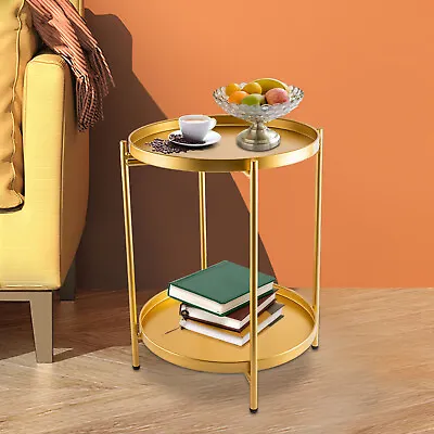 2 Tier Tray Metal End Table Small Round Side Table Sofa Side Table Round Gold • $43