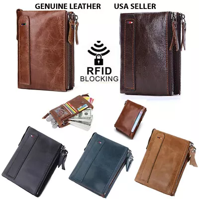 DZ Men's Real Genuine Leather Bifold Double Zipper Coin Pocket Purse RFID Wallet • $8.99