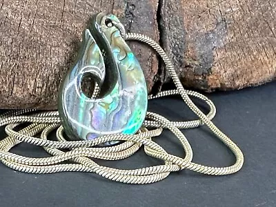 Old New Zealand Maori Paua Shell Fish Hook Pendant On Silver Chain • $77.72