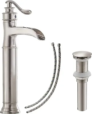 Bathroom Vessel Sink Faucet Waterfall Spout Tall Faucet Brushed Nickel W/ Drain • $45