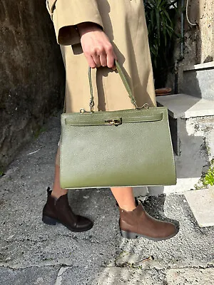 Chic Olive Green Kelly Genuine Leather Women's Hand Shoulder Bag Made Italy • £90.21