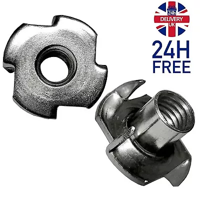FOUR PRONGED T NUTS CAPTIVE THREADED INSERTS FOR WOOD FURNITURE M4 M5 M6 M8 Zinc • £12.30