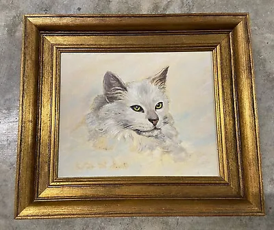 Vintage Persian Cat Painting Signed Lucienne De Saint Mart 40s 50s Kitty White • $499.99