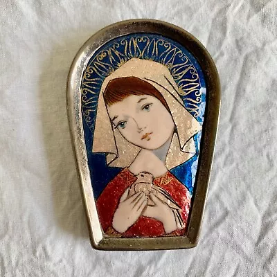 Miniature Portrait Girl / Mary With Bird Enamel Silver Frame - Spain Or Mexico? • $78