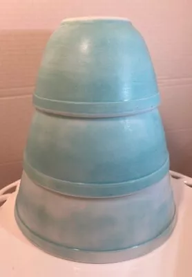 Vintage Pyrex Robins Egg Blue Turq Nesting Mixing Bowls Set Of 3 #401 403 404 • $97.97