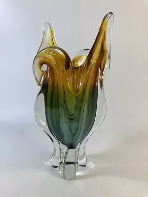 Chribska Art Glass Bat Wing Vase By Josef Hodpodspa Orange & Green Glass - 33cm • £9.99