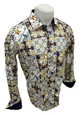 Men STEELO COLORFUL WHITE Long Sleeve Button Up Dress Shirt SILKY ABSTRACT AH011 • $20.98