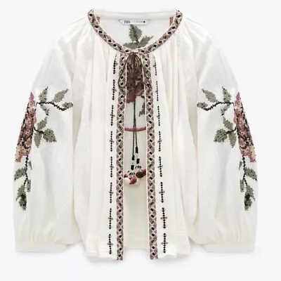 Zara Beaded Embroidered Floral Jacket Balloon Sleeves Boho Size Small • $48.99