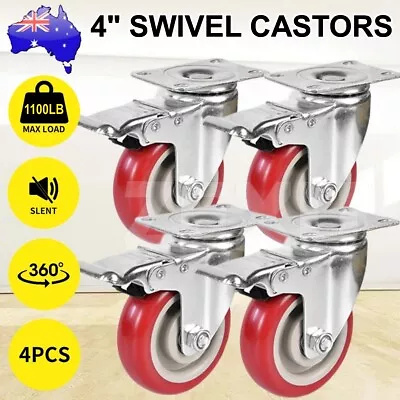 4pcs 4  100mm PU Castor Wheel Heavy Duty Trolley Furniture Caster Swivel Brake • $31.95