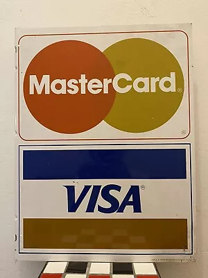 Lrg Vtg 1989 Flange Double-Sided Visa Mastercard Credit Metal Sign / G.B. Frank • $200