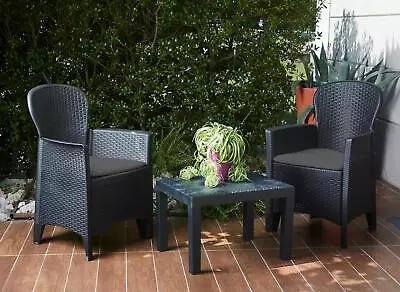 3 Piece Grey Bistro Set Garden Furniture Patio Outdoor Table Armchair Polyrattan • £89.99