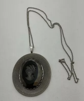 Vintage Intaglio Black Glass Cameo Necklace Pendant And  Chain Necklace • $16.99