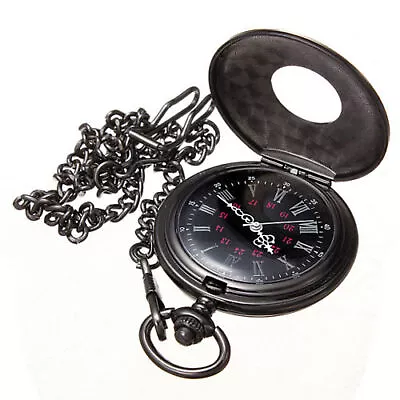 Vintage Retro Steampunk Pocket Watch Black Quartz Pendant Necklace Chain Gift • $9.07