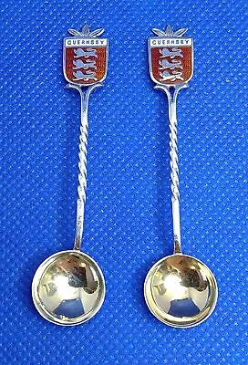 Pair Of Sterling Silver & Enamel Guernsey Souvenir Salt Spoons William J Holmes • £19.99