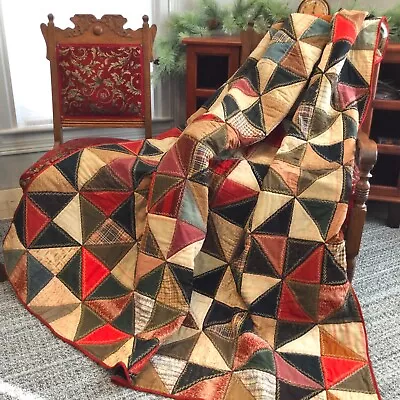 Vintage Double Sided Quilt 66x77 Embroidered Pinwheel Cotton Wool Velvet • $395