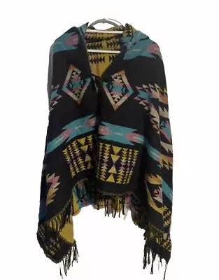 Womens Aztec Navajo Jacket Poncho Pullover Cape Shall Multicolor One Toggle  • £12.05