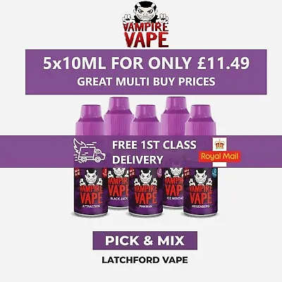 Vampire Vape 5x10ml E Liquid Bottles All Flavours And Strengths Clearance Sale • £11.48
