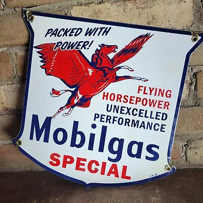 Old Vintage '47 Mobilgas Special Porcelain Gas Pump Sign Mobil Mobiloil 12 X12  • $154.99