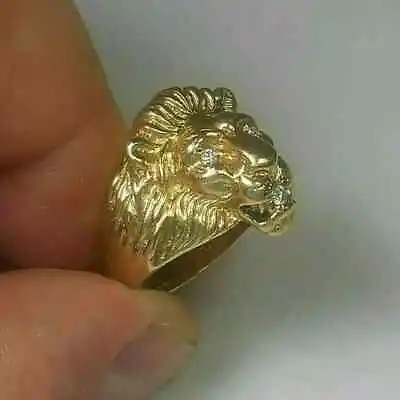 Men's Lion Head Ring 1Ct Round Lab Created Diamond 14K Yellow Gold Plated Silver • $171.19