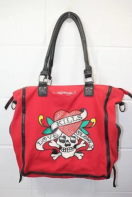 Vintage Ed Hardy Love Kills Slowly Red Hand/Shoulder Bag Canvas Zip Top Tote • $49.95